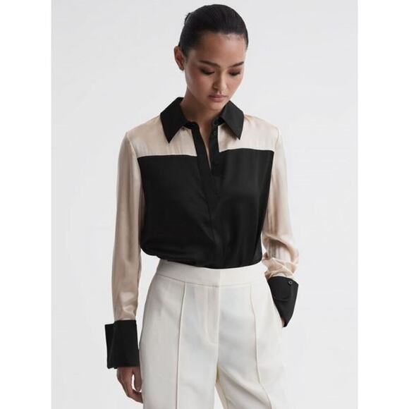 REISS Lorey 100% Silk Color Block Blouse Women's Size 4 Black Cream Career NEW - Picture 1 of 8